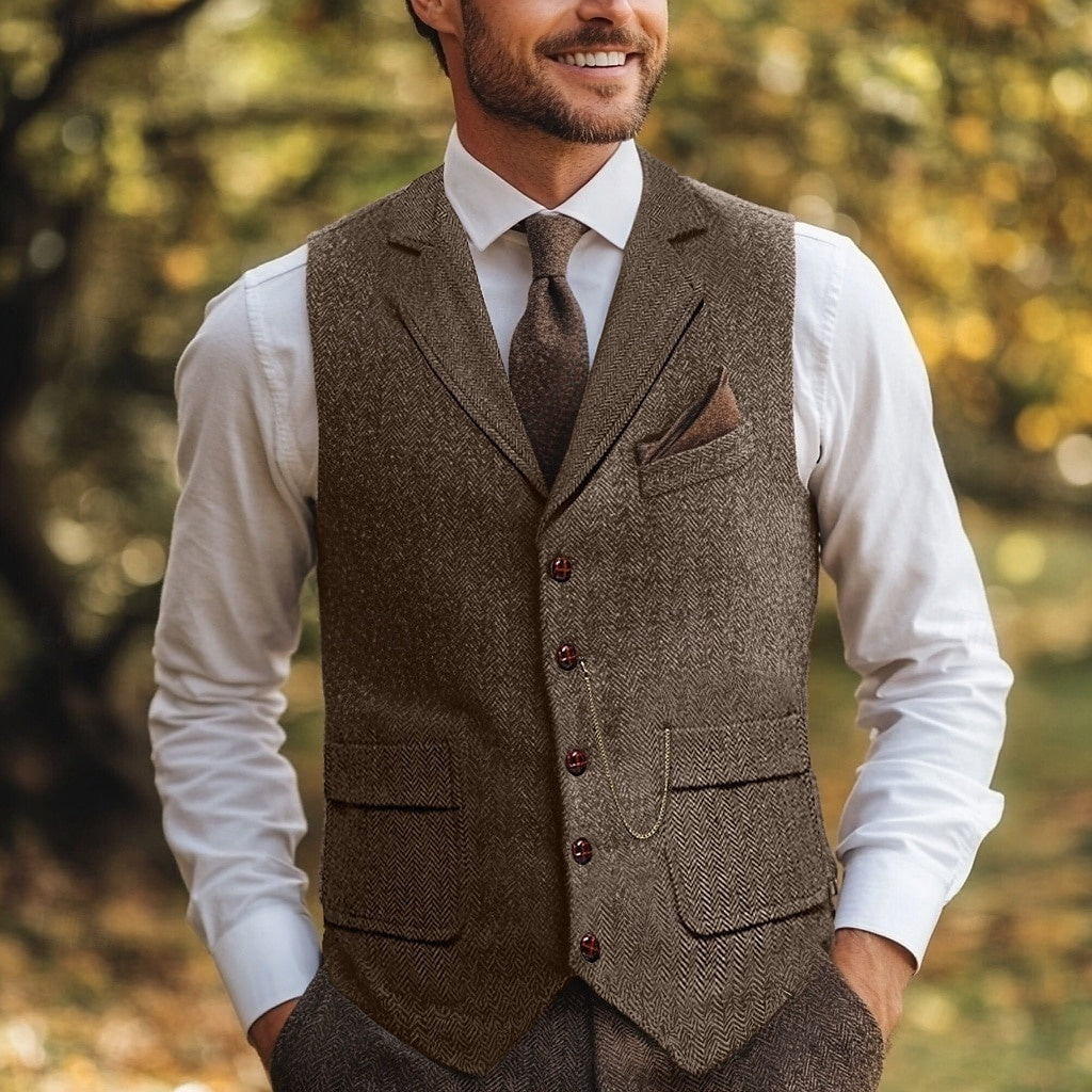 Men's Herringbone Standard Fit Notch Single Breasted Five-buttons Tweed Vest