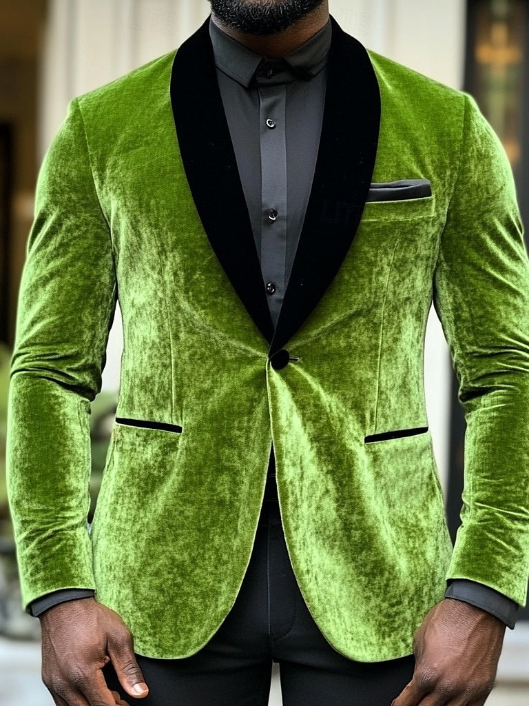 Green Men's Velvet Solid Coloured Standard Fit Single Breasted One-button Blazer Jacket