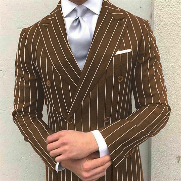 Men's Prom Pinstripe Peak Lapel Business Formal Striped Double Breasted Six-buttons  2 Piece Wedding Suits