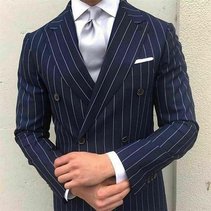 Men's Prom Pinstripe Peak Lapel Business Formal Striped Double Breasted Six-buttons  2 Piece Wedding Suits