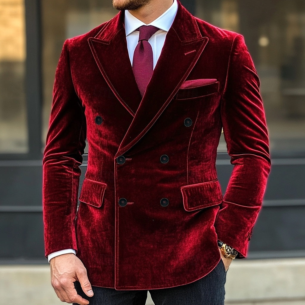 Red Purple Men's Velvet Vintage Standard Fit Double Breasted Six-buttons Blazer Jacket