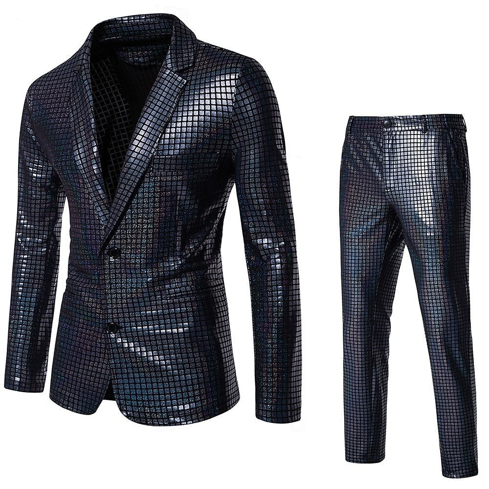 Men's Party Plaid 2 Piece Punk Fashion Standard Fit Single Breasted Two-buttons Sequin Evening Wear Prom Suits