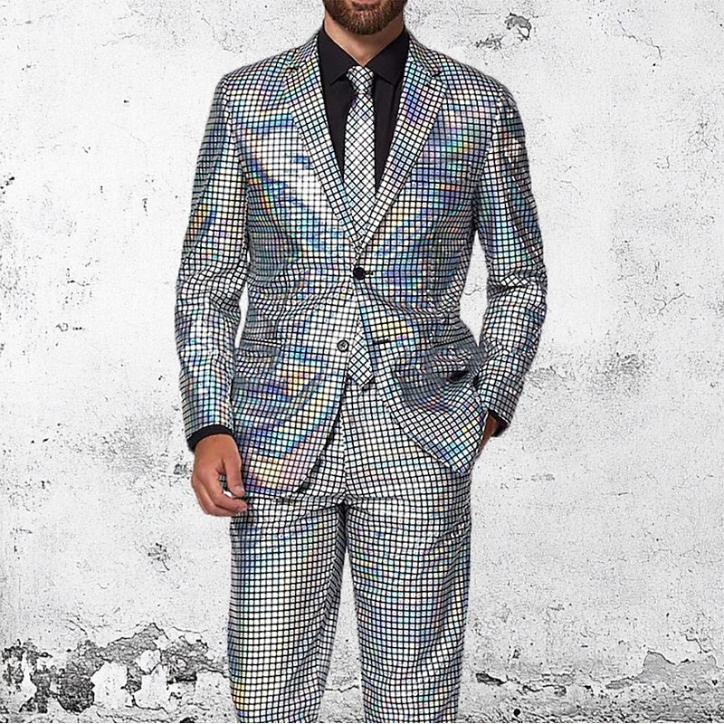 Men's Party Plaid 2 Piece Punk Fashion Standard Fit Single Breasted Two-buttons Sequin Evening Wear Prom Suits