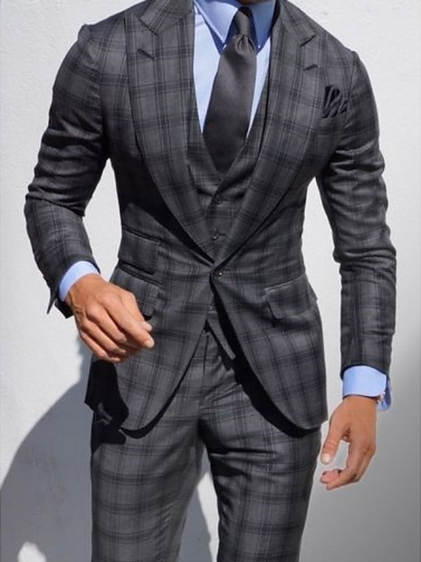 Dark Grey Men's Wedding Plaid Checkered Tailored Fit Single Breasted Suits 3 Piece