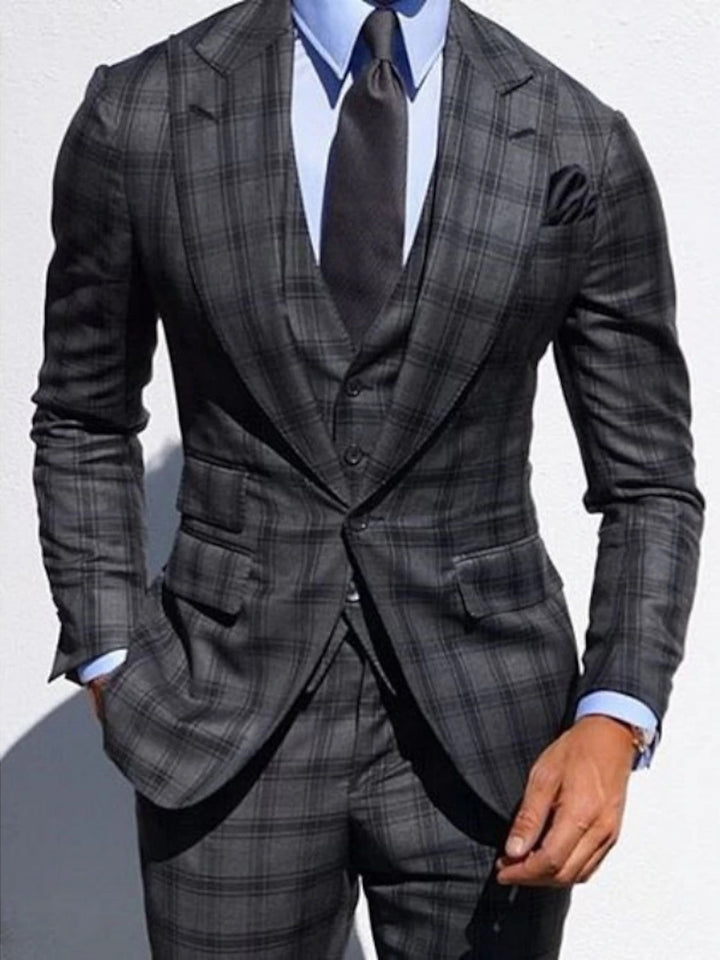 Dark Grey Men's Wedding Plaid Checkered Tailored Fit Single Breasted Suits 3 Piece