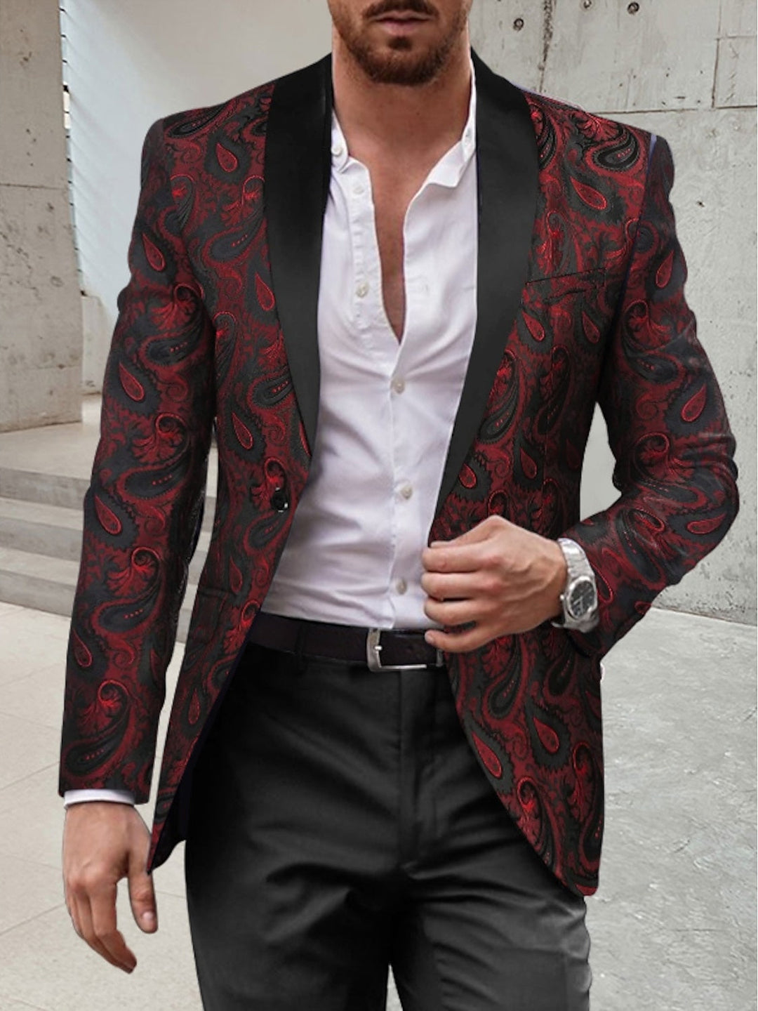 Men's Shawl Collar Printing Standard Fit Single Breasted Prom Disco Tuxedos Party Dinner 2 Piece