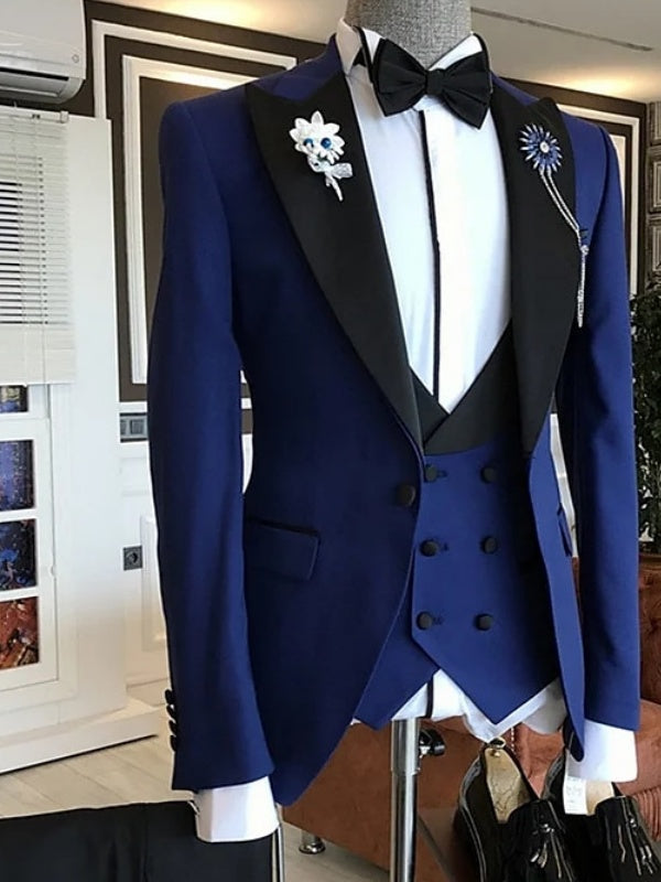 Men's Solid Coloured Peak Tailored Fit Single Breasted  Wedding Party Tuxedos 3 Piece