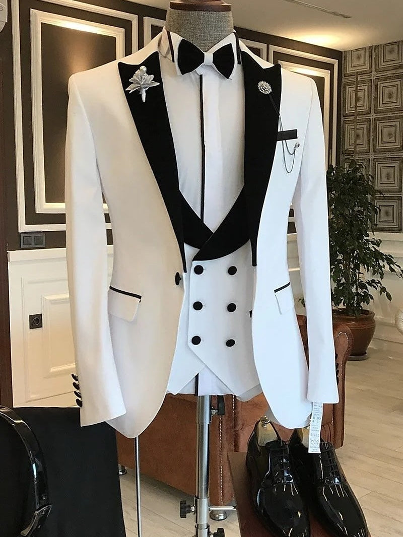 Men's Solid Coloured Peak Tailored Fit Single Breasted  Wedding Party Tuxedos 3 Piece