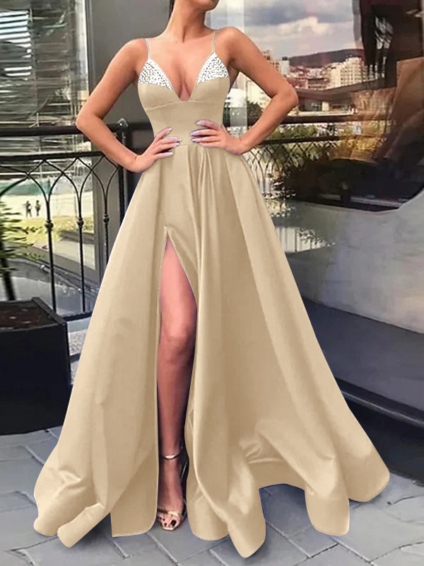 A-Line/Princess V-Neck Spaghetti Straps Long Prom Dresses With Split Side & Sequins