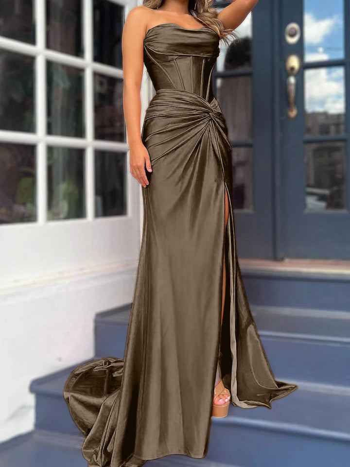 Sheath/Column Strapless Floor-length Long Dresses With Split Side