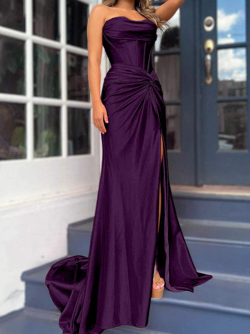 Sheath/Column Strapless Floor-length Long Dresses With Split Side