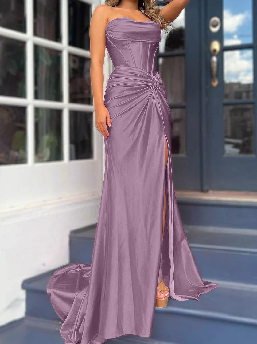 Sheath/Column Strapless Floor-length Long Dresses With Split Side