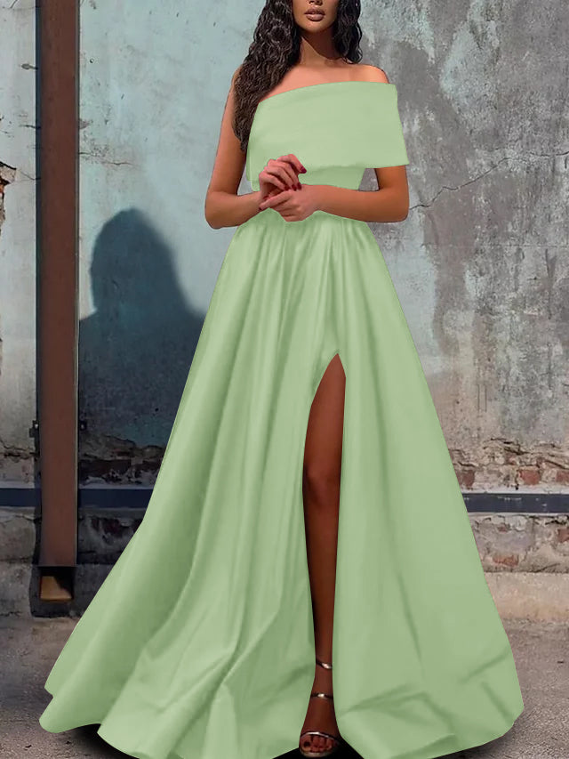 A-Line/Princess One-Shoulder Floor-length Prom Dresses