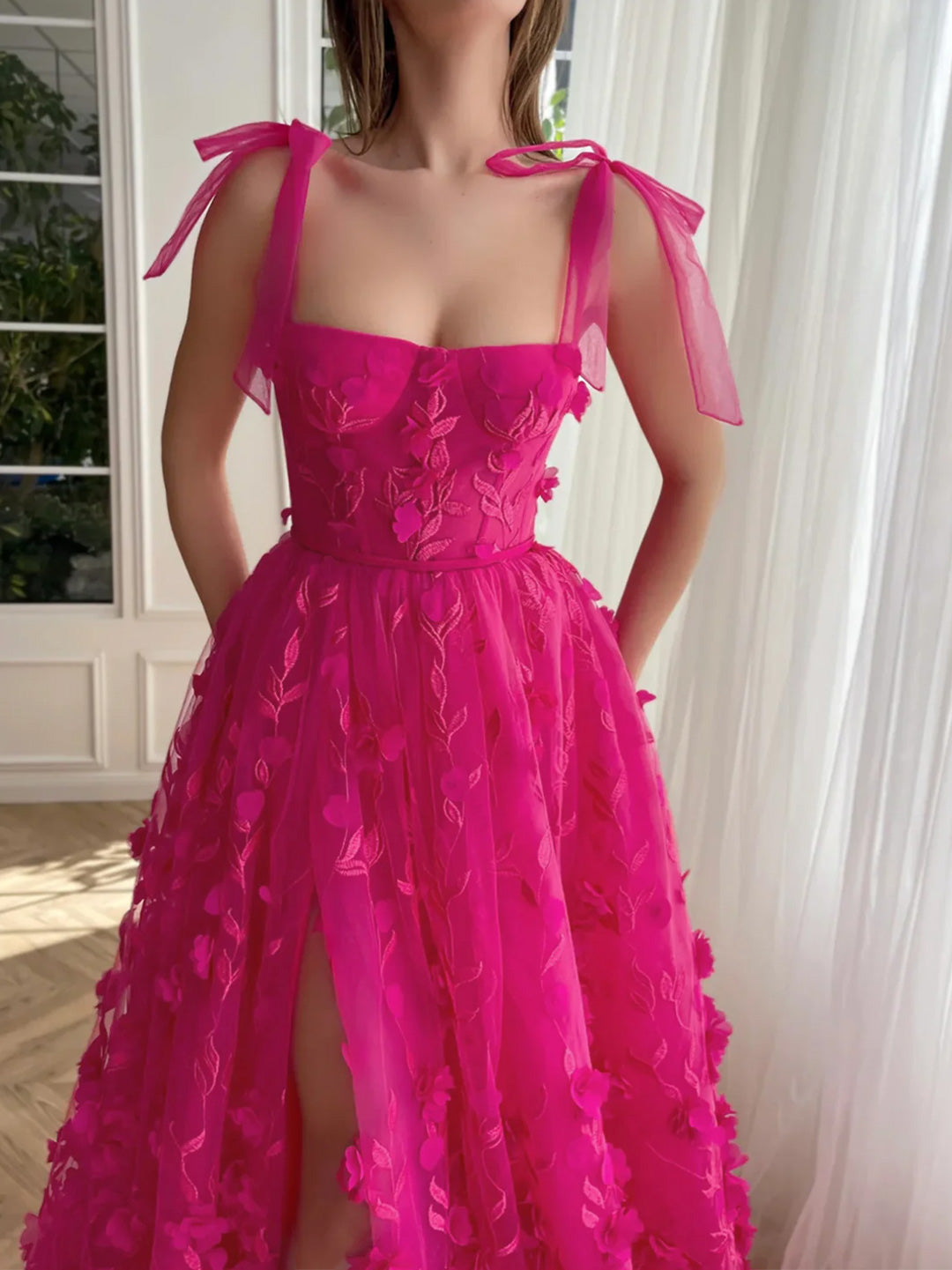A-Line/Princess Spaghetti Straps Long Prom Floral Dresses With Split Side
