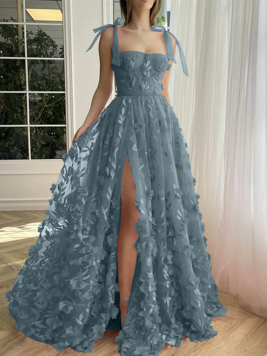 A-Line/Princess Spaghetti Straps Long Prom Dresses With Split Side