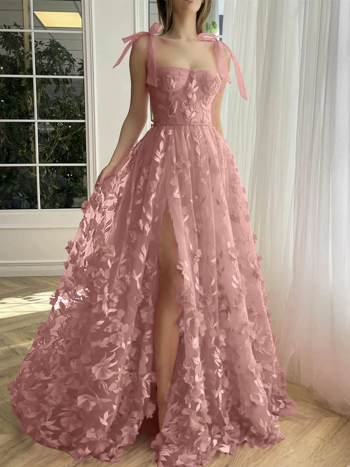 A-Line/Princess Spaghetti Straps Long Prom Dresses With Split Side