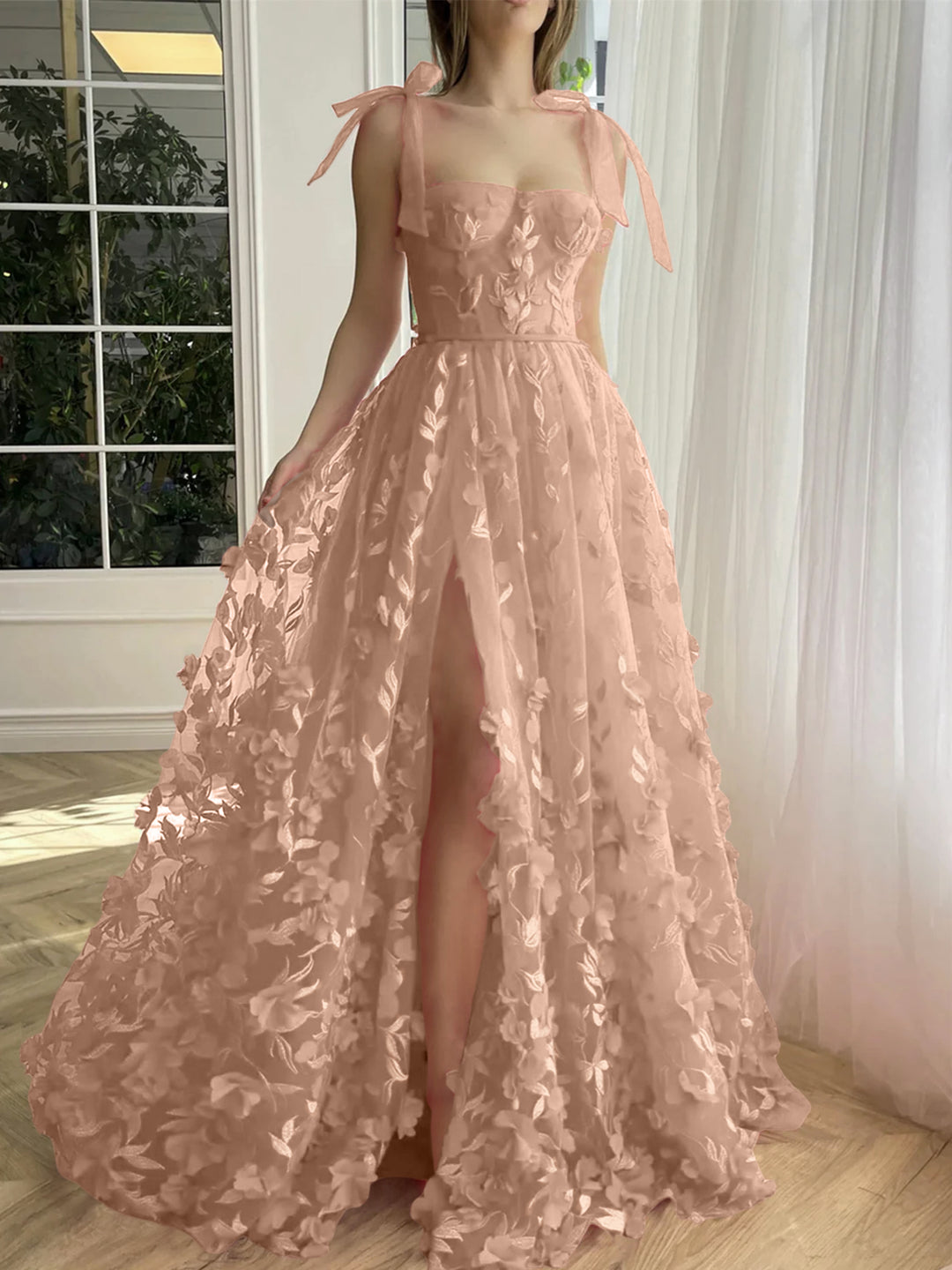 A-Line/Princess Spaghetti Straps Long Prom Dresses With Split Side