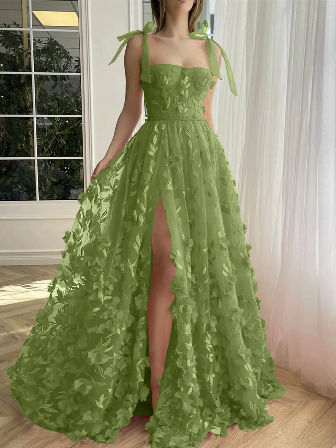 A-Line/Princess Spaghetti Straps Long Prom Dresses With Split Side