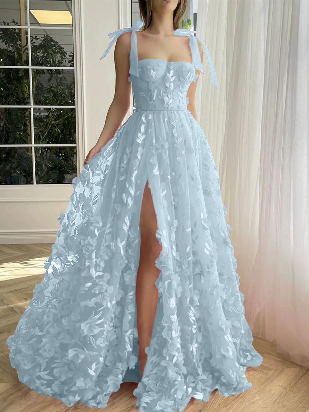 A-Line/Princess Spaghetti Straps Long Prom Dresses With Split Side