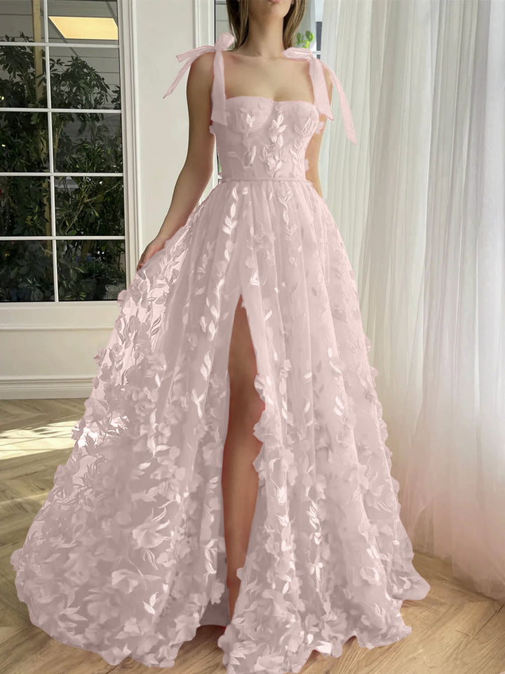 A-Line/Princess Spaghetti Straps Long Prom Dresses With Split Side