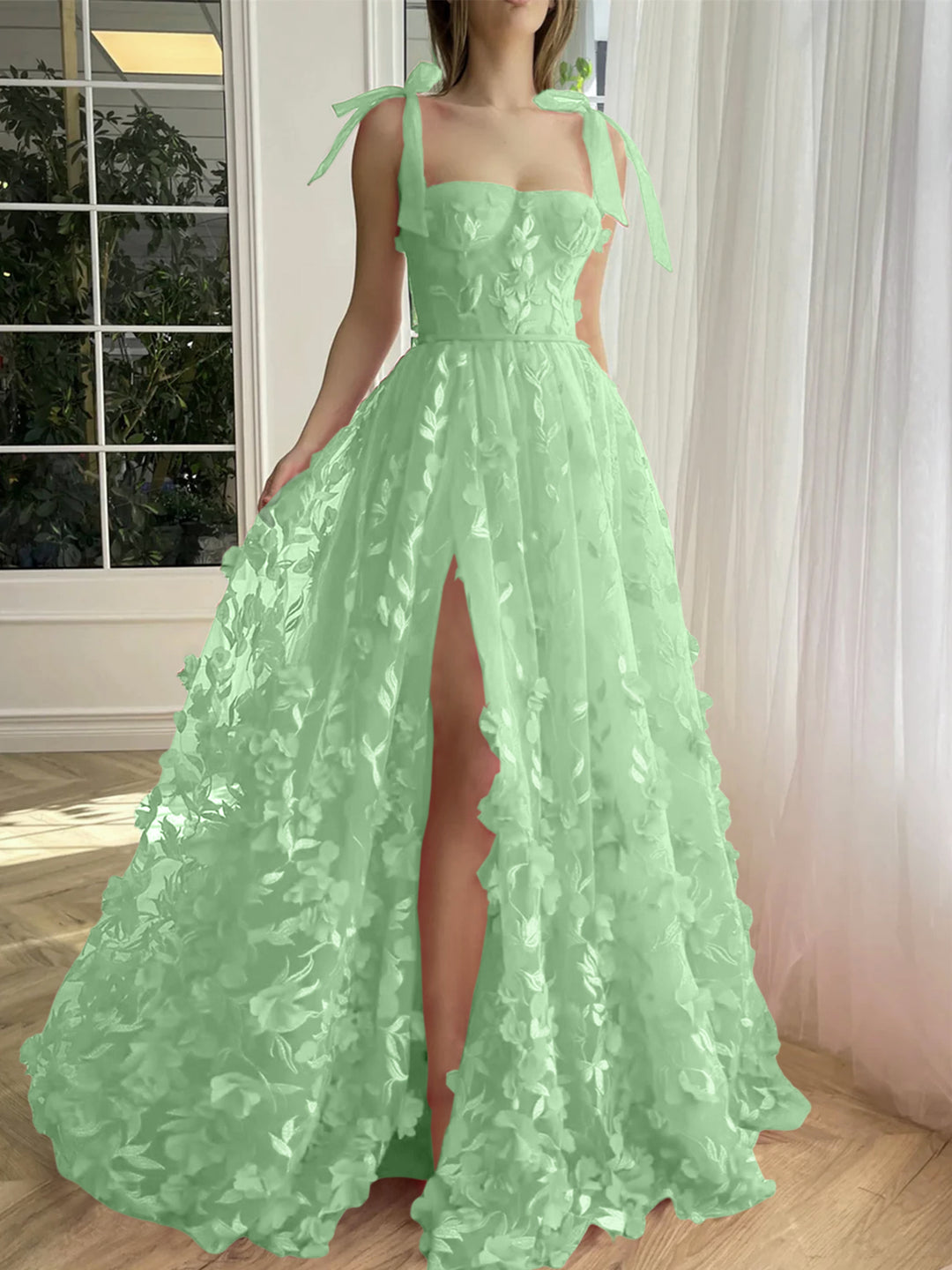 A-Line/Princess Spaghetti Straps Long Prom Dresses With Split Side