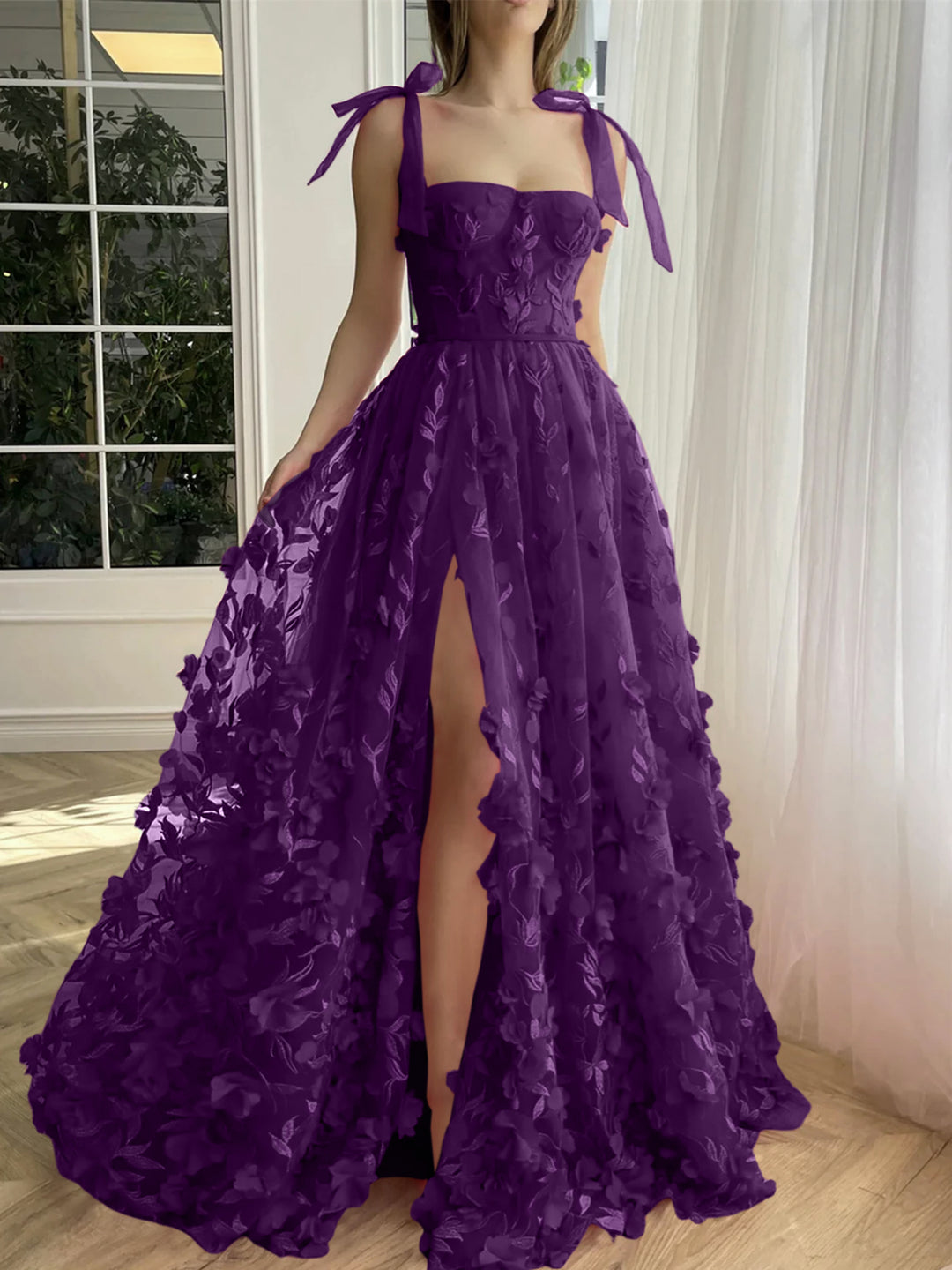 A-Line/Princess Spaghetti Straps Long Prom Dresses With Split Side