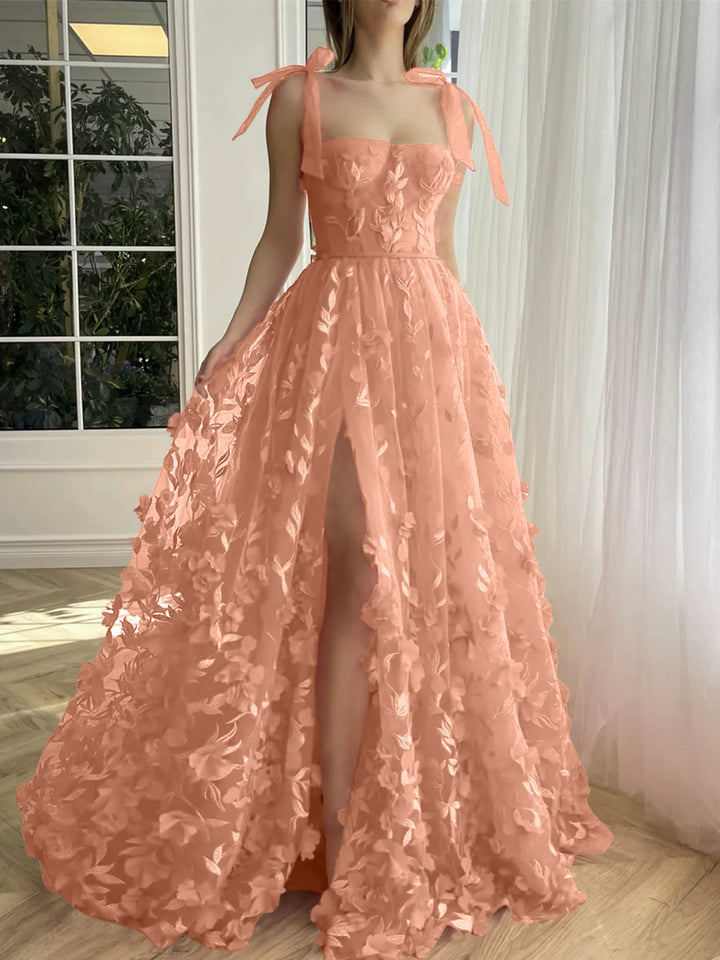 A-Line/Princess Spaghetti Straps Long Prom Dresses With Split Side