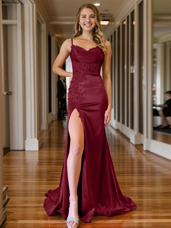 Trumpet/Mermaid Spaghetti Straps V-Neck Sleeveless Floor-length Long Evening Dresses with Split Side