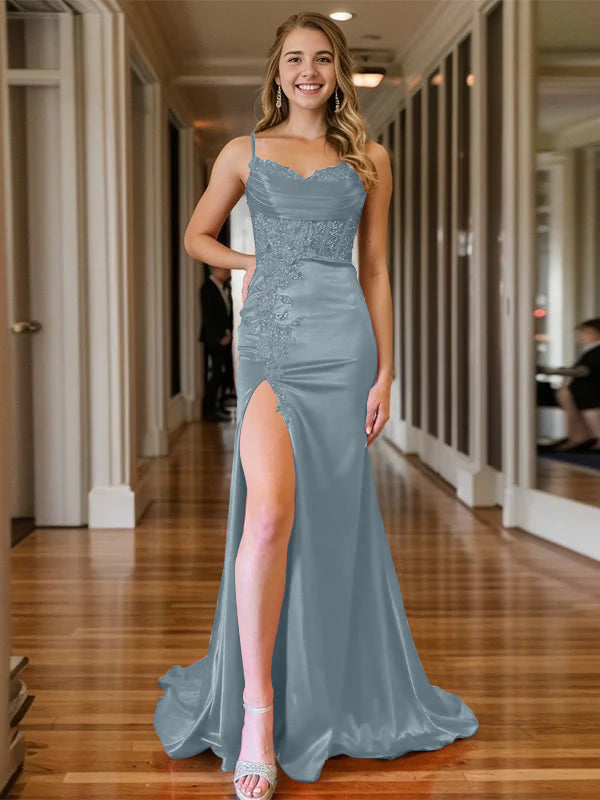 Trumpet/Mermaid Spaghetti Straps V-Neck Sleeveless Floor-length Long Evening Dresses with Split Side