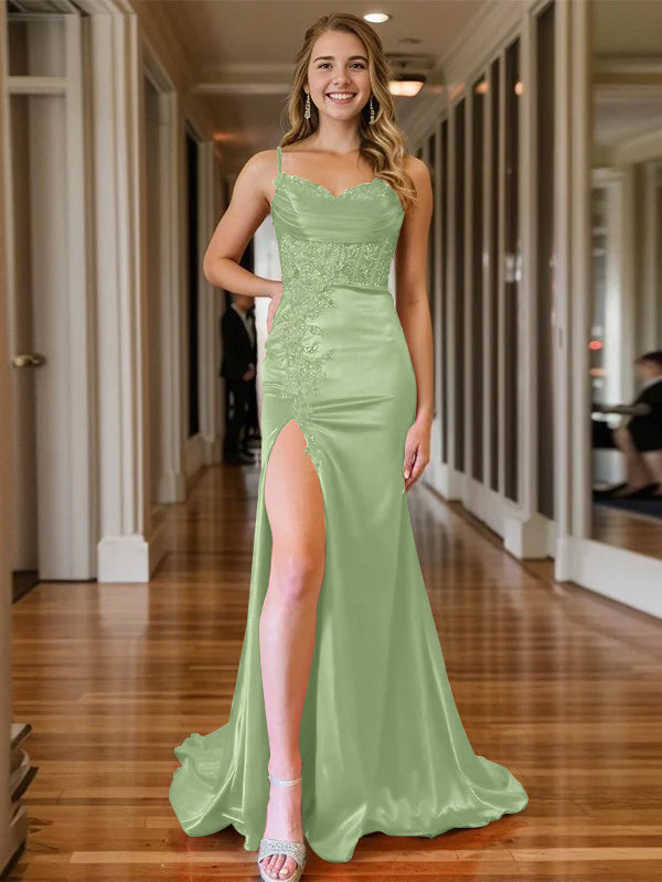 Trumpet/Mermaid Spaghetti Straps V-Neck Sleeveless Floor-length Long Evening Dresses with Split Side