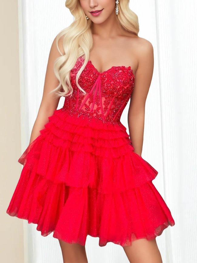 A-Line/Princess Sweetheart Sleeveless Short/Mini Party Dance Cocktail Homecoming Dress With Lace Appliques & Sequins, Ruffles