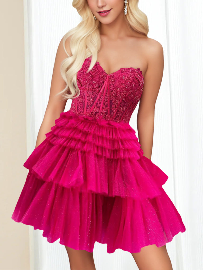 A-Line/Princess Sweetheart Sleeveless Short/Mini Party Dance Cocktail Homecoming Dress With Lace Appliques & Sequins, Ruffles