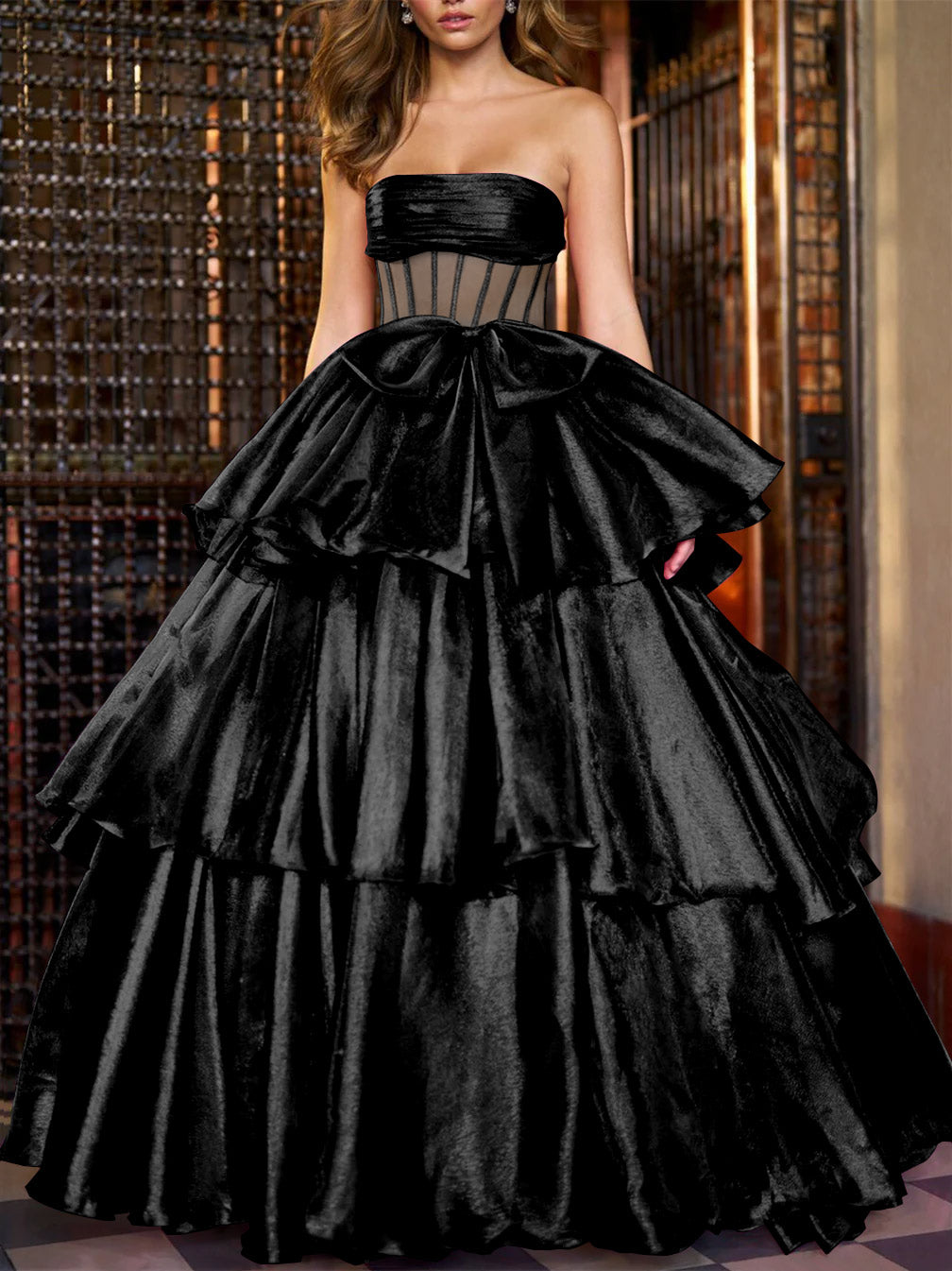 Ball Gown Strapless Floor-Length Evening Dresses with Ruffles