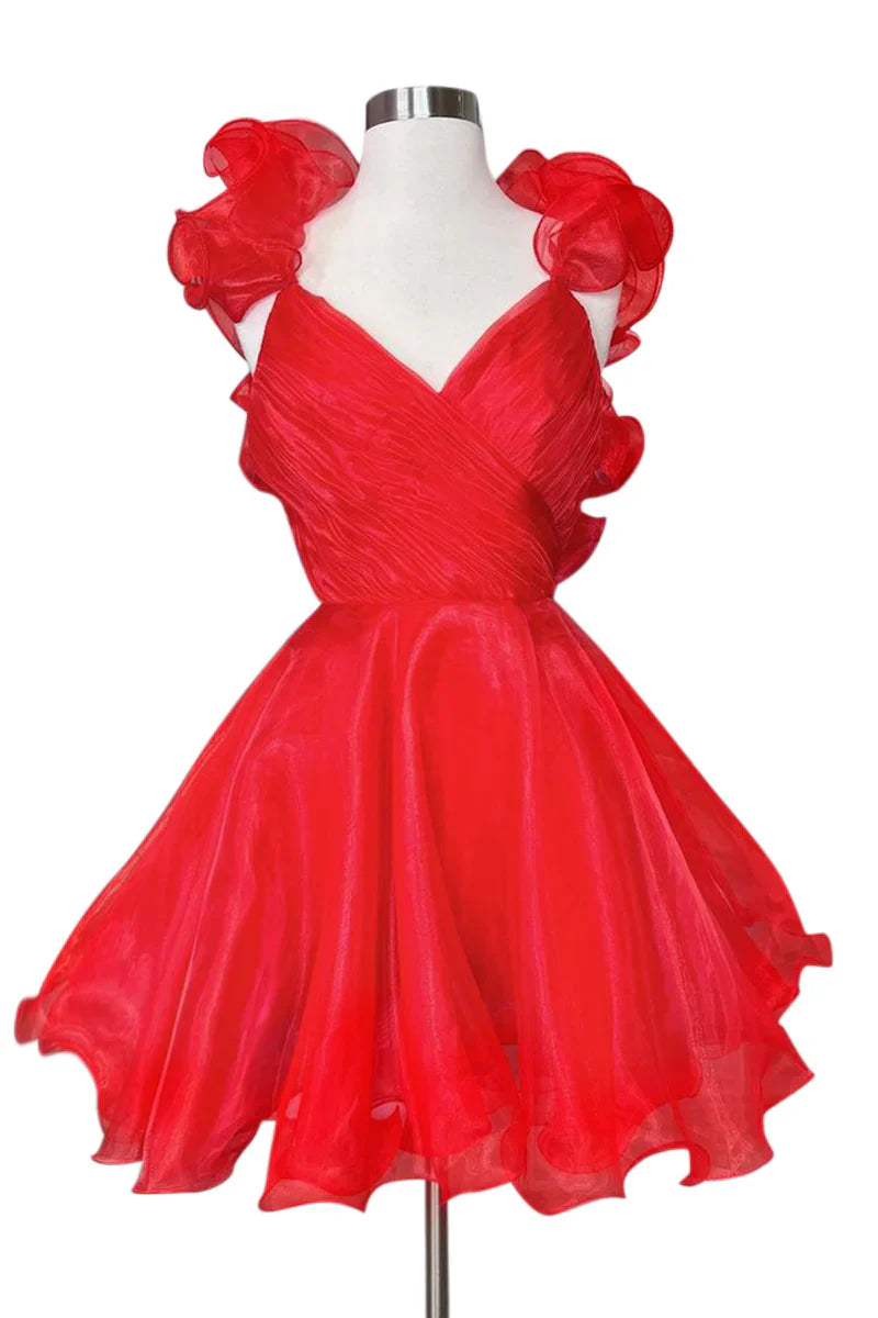 A-Line/Princess V-neck Sleeveless Short/Mini Party Dance Cocktail Homecoming Dress with Ruffled Edges & Pleats