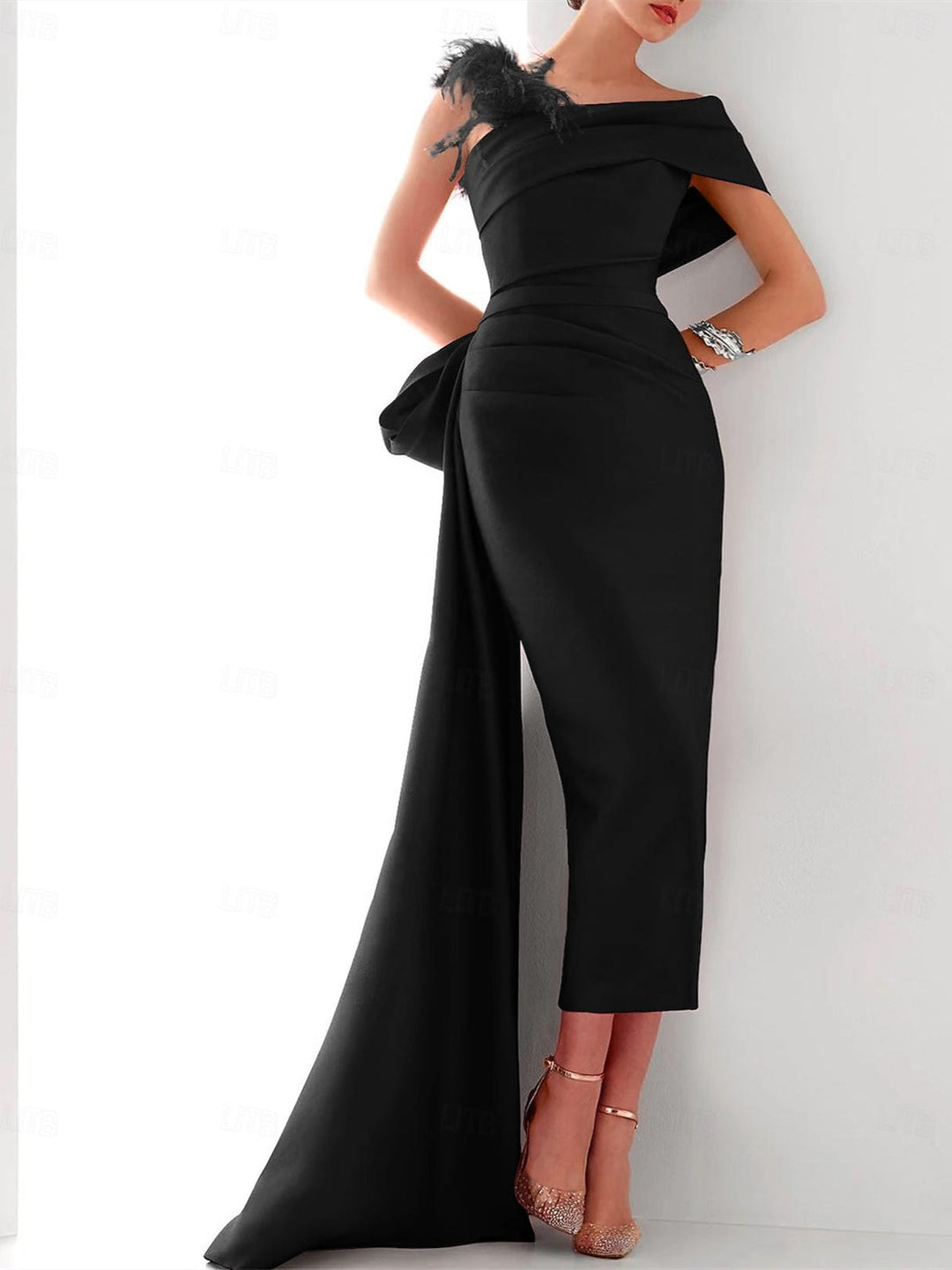 Sheath/Column  One Shoulder Sleeveless Sweep/Brush Train Evening Gown Elegant Dress Formal Satin with Feather Bow(s)