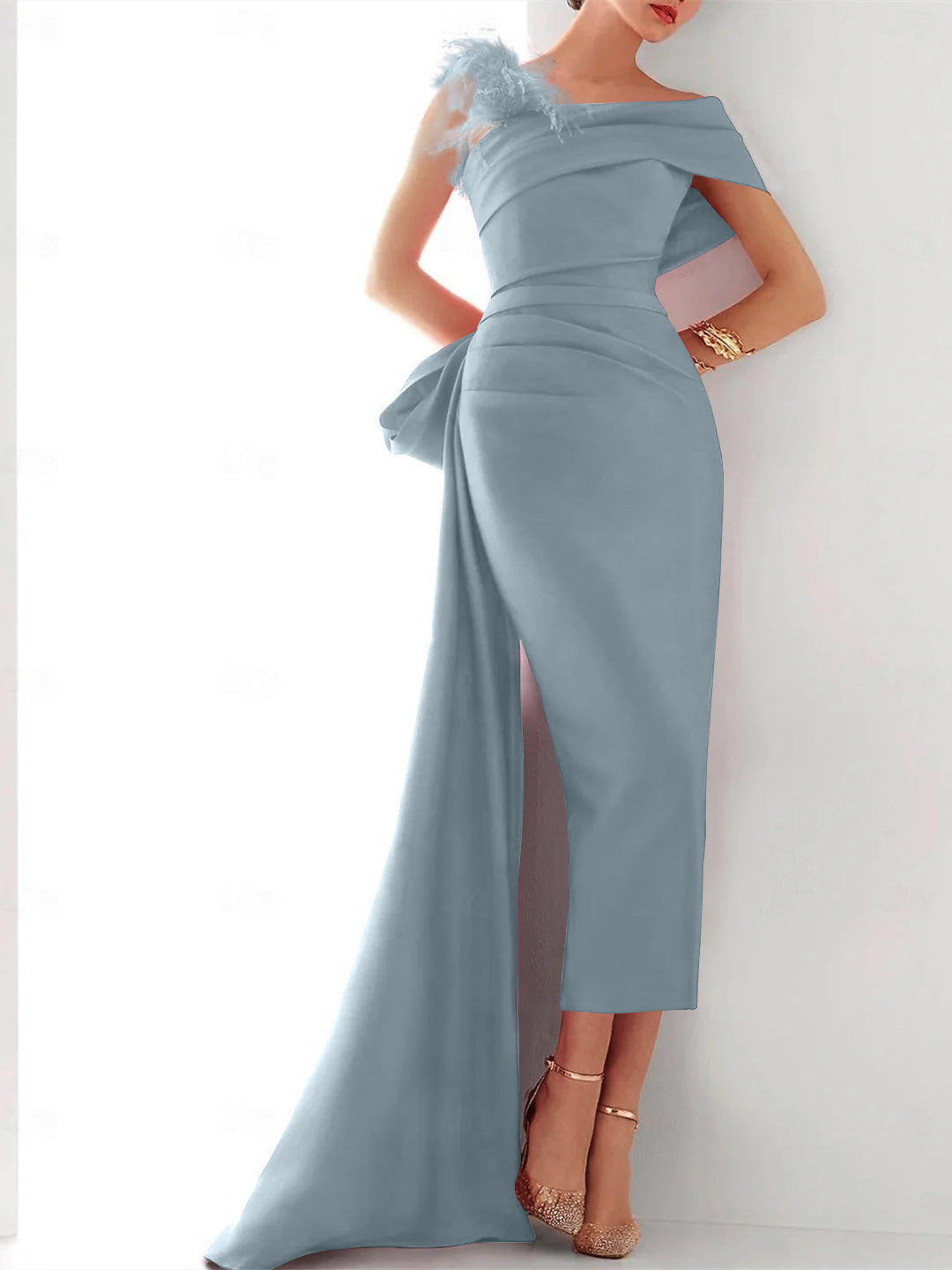 Sheath/Column  One Shoulder Sleeveless Sweep/Brush Train Evening Gown Elegant Dress Formal Satin with Feather Bow(s)