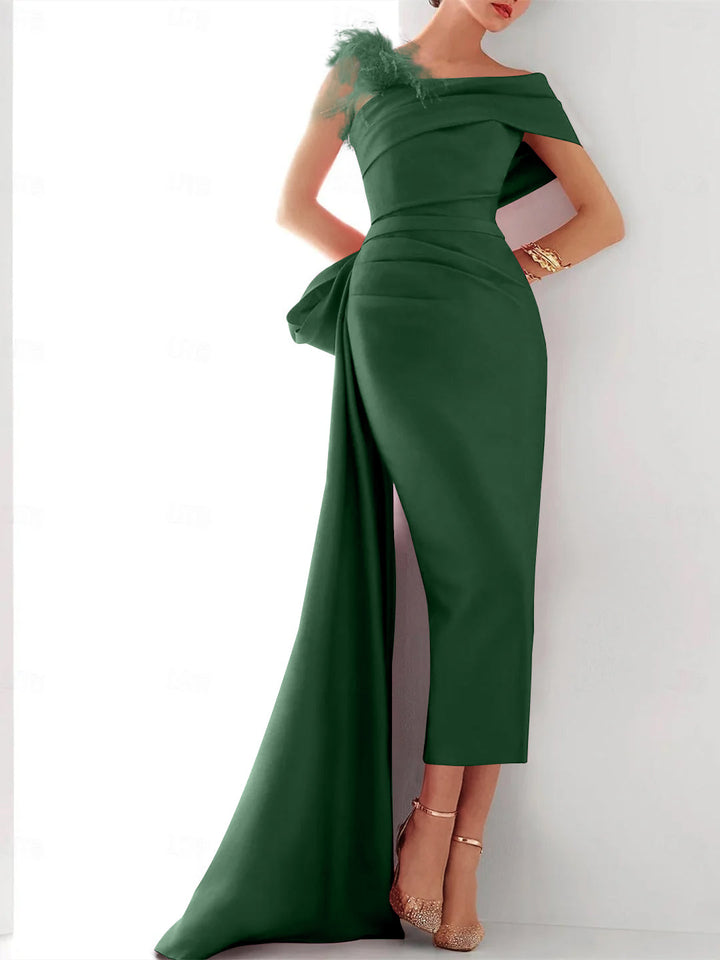 Sheath/Column  One Shoulder Sleeveless Sweep/Brush Train Evening Gown Elegant Dress Formal Satin with Feather Bow(s)