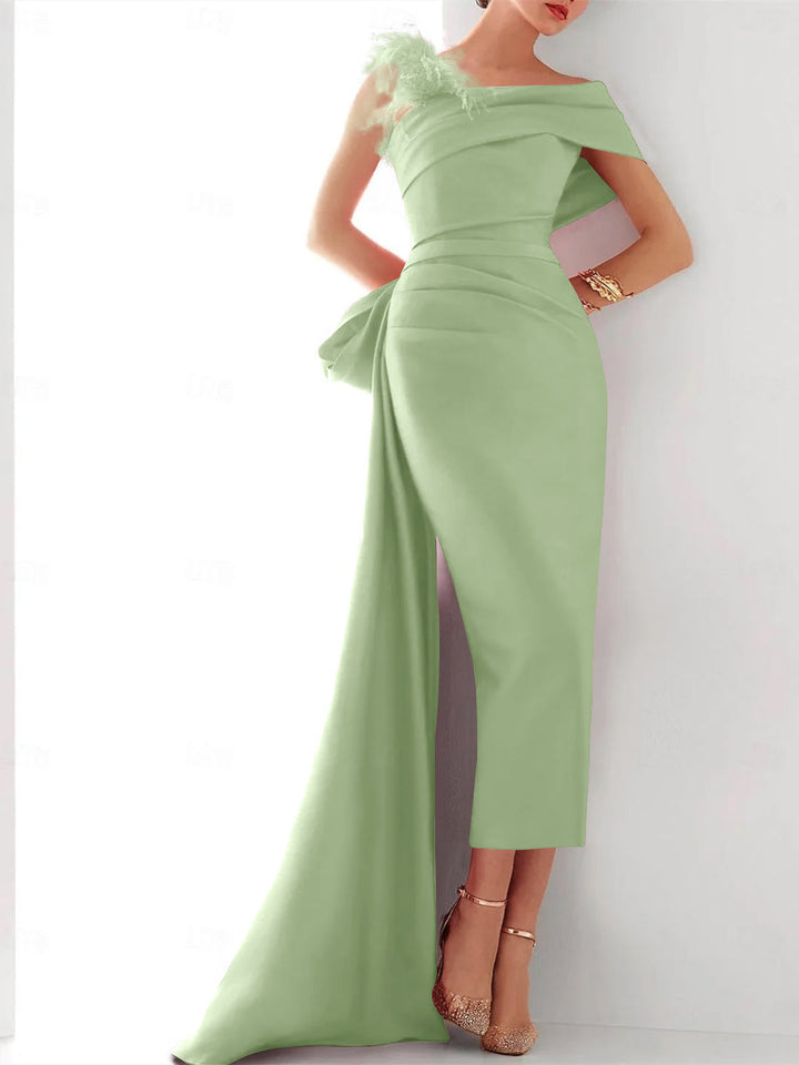 Sheath/Column  One Shoulder Sleeveless Sweep/Brush Train Evening Gown Elegant Dress Formal Satin with Feather Bow(s)