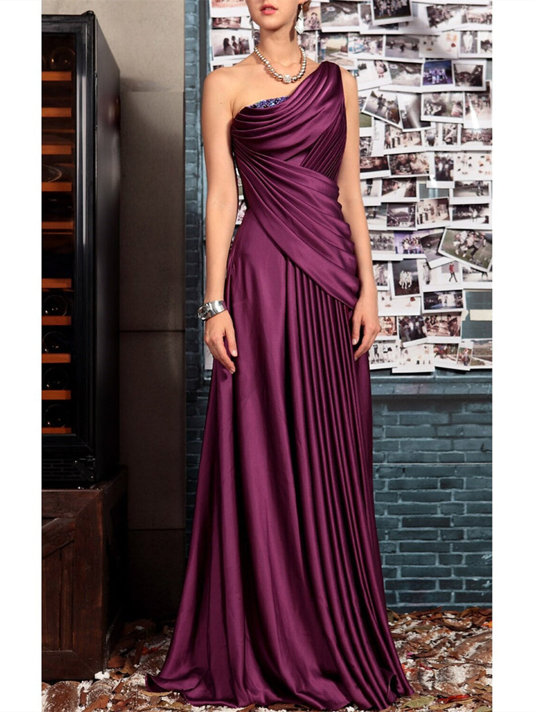 Sheath One Shoulder Sleeveless Floor Length Mother of the Bride Dresses with Pleats Crystals  Draping