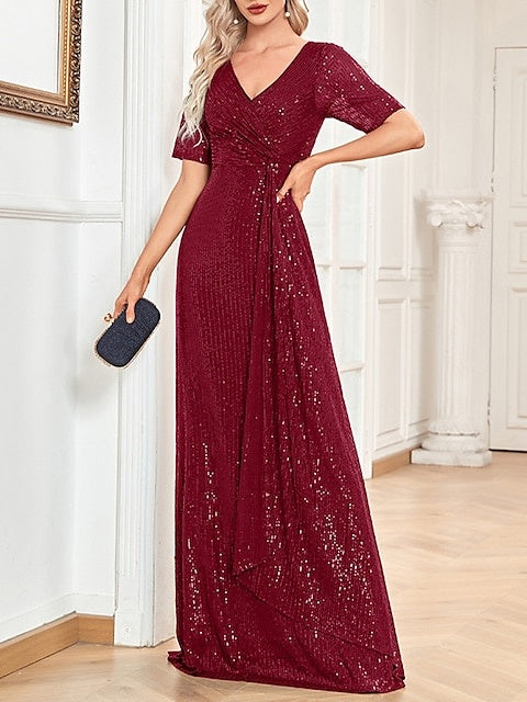 A-Line/Princess V-Neck Short Sleeves Floor-Length Party Cocktail Dress with Sequin