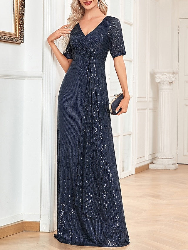 A-Line/Princess V-Neck Short Sleeves Floor-Length Party Cocktail Dress with Sequin