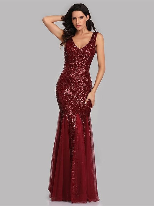 Mermaid/Trumpet V-Neck Sleeveless Floor-Length Party Cocktail Dress with Sequins