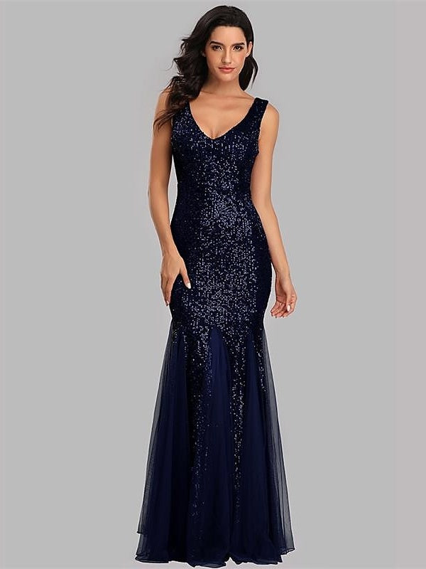 Mermaid/Trumpet V-Neck Sleeveless Floor-Length Party Cocktail Dress with Sequins