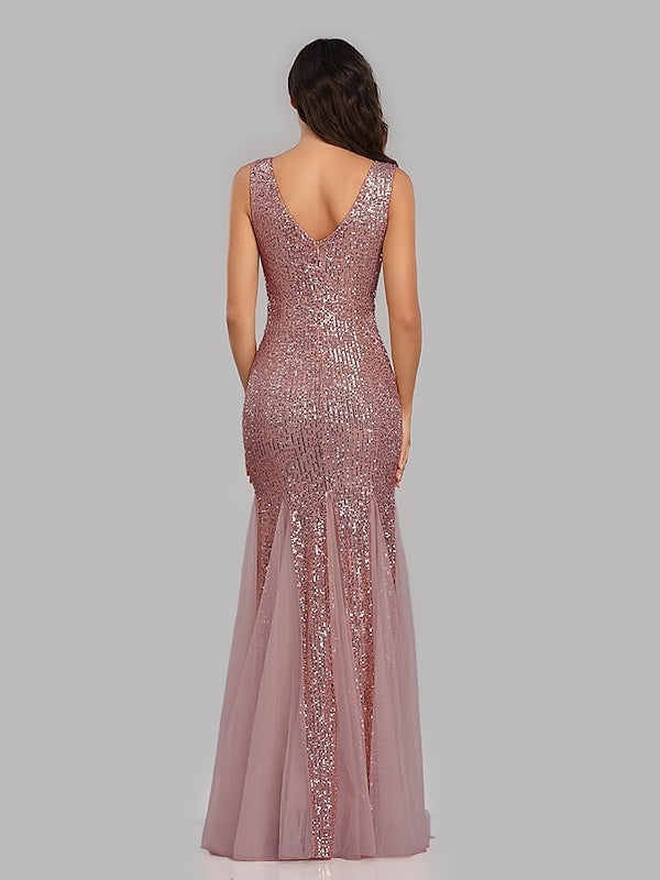 Mermaid/Trumpet V-Neck Sleeveless Floor-Length Party Cocktail Dress with Sequins