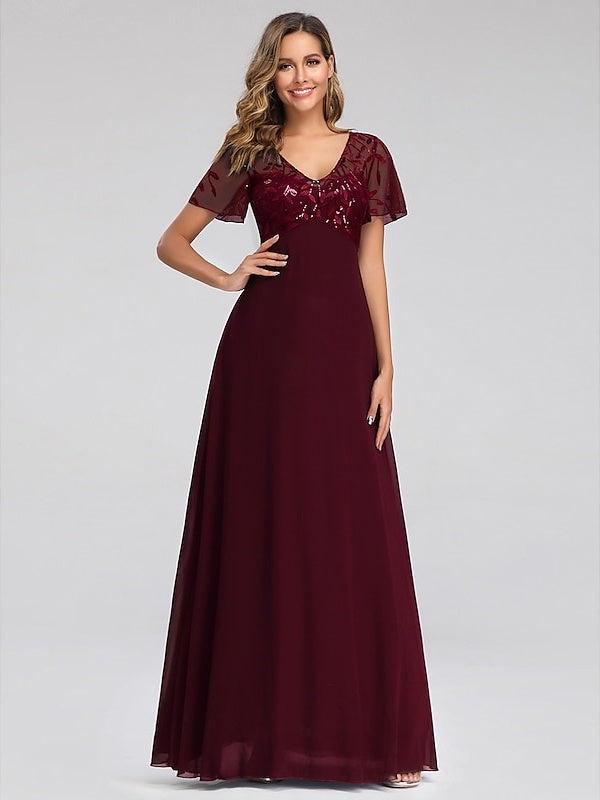 A-Line/Princess V-Neck Short Sleeves Floor-Length Party Cocktail Dress with Appliques & Sequin