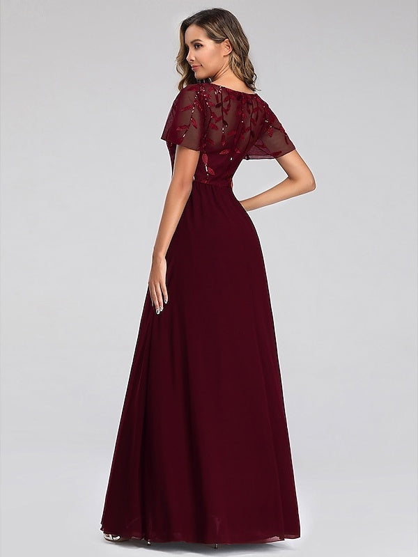 A-Line/Princess V-Neck Short Sleeves Floor-Length Party Cocktail Dress with Appliques & Sequin