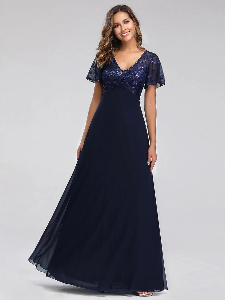 A-Line/Princess V-Neck Short Sleeves Floor-Length Party Cocktail Dress with Appliques & Sequin