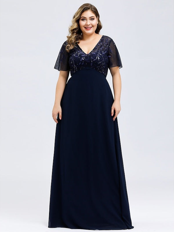 A-Line/Princess V-Neck Short Sleeves Floor-Length Party Cocktail Dress with Appliques & Sequin