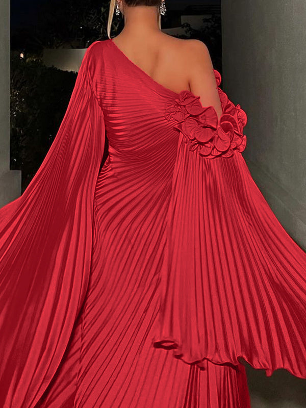 A-Line/Princess One-Shoulder Long Sleeves Floor-Length Plus Size Evening Dresses