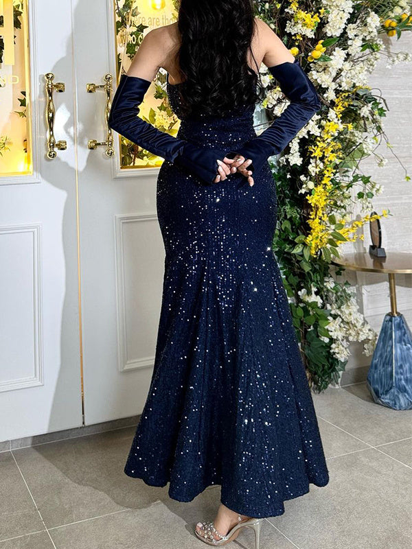 Mermaid/Trumpet Strapless Detachable Sleeves Satin Sequined Ankle-Length Evening Dresses